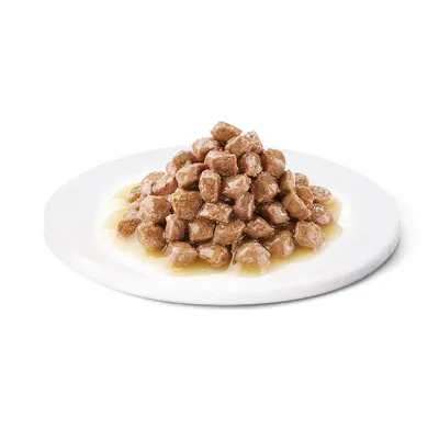 Lähikuva mehukkaista lihapaloista kastikkeessa valkoisella lautasella, esimerkkinä lemmikkieläinruoasta.