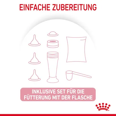 Einfache Zubereitung. Inklusive Set für die Fütterung mit der Flasche, bestehend aus Zubehör wie Saugern, Flasche und Messlöffel.