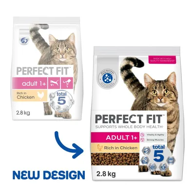 Comparaison des anciens et nouveaux emballages Perfect Fit Adult 1+ Rich in Chicken 2,8 kg, total 5, Vitality & Agility, Strong Muscles, avec photo de chat. Texte en anglais.