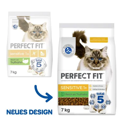 Deux sacs de croquettes pour chat Perfect Fit Sensitive 1+ Reich an Truthahn, 7 kg, ancien et nouveau design, texte en allemand visible sur l’emballage et mention Neues Design.
