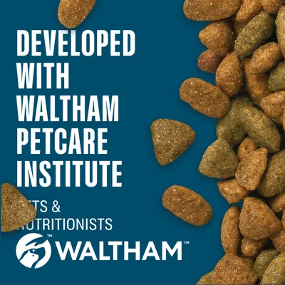 Developed with the Waltham Petcare Institute. WALTHAM logo visible, dry food pieces shown. Developed with the Waltham Petcare Institute. WALTHAM logo visible, dry food pieces shown.