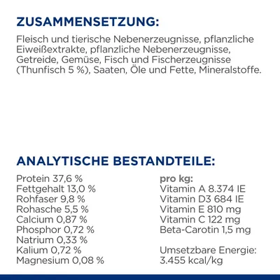 Zusammensetzung: Fleisch, tierische und pflanzliche Nebenerzeugnisse, Getreide, Gemüse, Fisch (Thunfisch 5 %), Öle, Fette, Mineralstoffe. Analytische Bestandteile: Protein 37,6 %, Fett 13 %, Energie 3.455 kcal/kg.