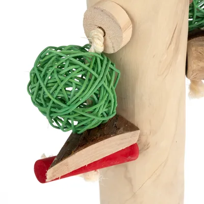 Giocattolo in legno con palla verde in materiale intrecciato, pezzo di legno rosso e corda. Adatto agli pet per giocare o masticare.