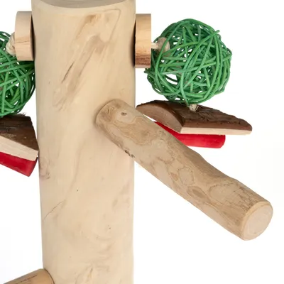Giocattolo in legno con palla a rete verde e pezzi di legno rossi e marroni, adatto per gioco interattivo.