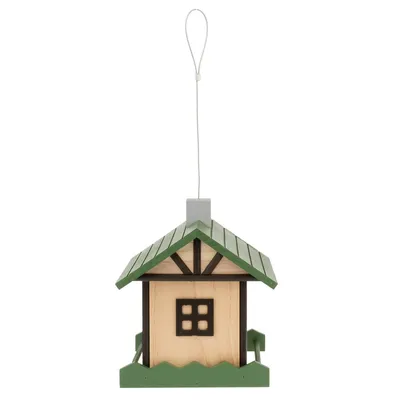 Casetta per uccelli in legno con tetto verde, design a finestra e corda per appenderla. Adatta per nutrire uccelli selvatici.