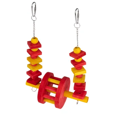Hanging toy made of wood in red and yellow with metal chains and carabiner hook, suitable for hanging.