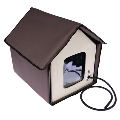 Brown and beige insulated pet house with transparent window and heating cable connection. Suitable for outdoor use.