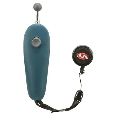 Trixie dog trainer with clicker, blue casing and extendable metal rod, includes clip band.