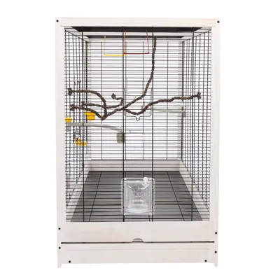 Grande cage rectangulaire en bois et métal avec perchoirs, mangeoires jaunes, abreuvoir transparent et branche naturelle à l’intérieur. Fond amovible visible.