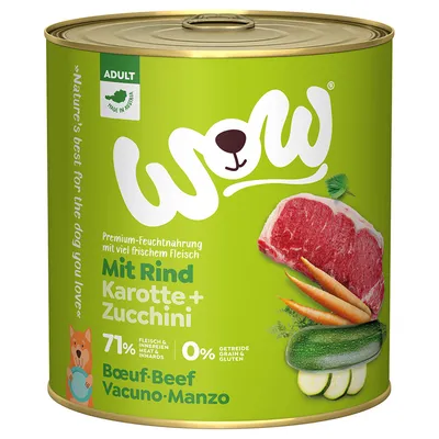 Konzerva WOW Mit Rind Karotte + Zucchini, 71 % maso a vnitřnosti, 0 % obilovin, pro dospělé psy. Vyobrazené hovězí maso, mrkev a cuketa. Text: Premium-Feuchtnahrung, Made in Austria.