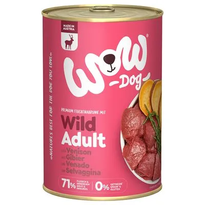 WOW Dog Wild Adult natvoer, 71% vlees & bijproducten, 0% graan & gluten, Made in Austria. Tekst op blik: Premium Feuchtnahrung mit Wild Adult, Venison, Gibier, Venado, Selvaggina.