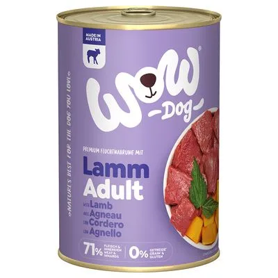 WOW Dog Lamm Adult natvoer, 71% vlees & bijproducten, 0% granen & gluten, blik met afbeelding van lamsvlees en groente, Made in Austria zichtbaar op het etiket.