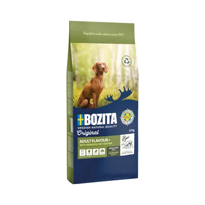 Bozita Original Adult Flavour+ mit Rentier, 12kg. Weizenfreie Rezeptur, Protein 25%, Fett 13%. Schwedische Qualität seit 1903.