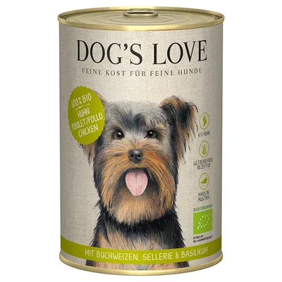 Boîte Dog's Love, texte visible : 100 % bio, Huhn Poulet Pollo Chicken, mit Buchweizen, Sellerie & Basilikum, Bio/Organic, Made in Austria, getreidefreie Rezeptur, 61% Huhn.