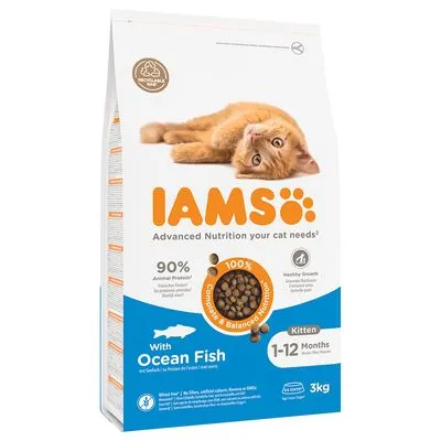 IAMS kattenvoer voor kittens 1–12 maanden, met ocean fish, 90% dierlijk eiwit, 3 kg. Tekst: Advanced Nutrition your cat needs, 100% Complete & Balanced Nutrition, hersluitbare zak.