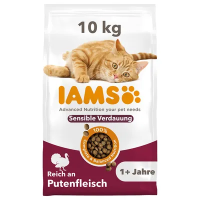 IAMS Katzentrockenfutter, 10 kg, Sensible Verdauung, reich an Putenfleisch, für Katzen ab 1 Jahr. 100% Complete & Balanced Nutrition.