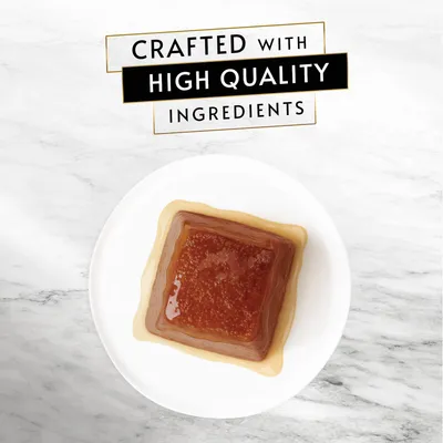 Text reads: Crafted with high quality ingredients. Image shows a portion of wet food on a white plate.