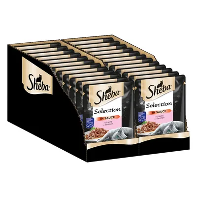 Sheba Selection in Sauce s lososom, balenie s viacerými porciovanými vreckami. Viditeľné: Sheba logo a popis produktu.