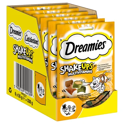 Dreamies ShakeUps мультивитамины, Geflügel Picknick, 6 x 55 г = 330 г. Упаковка с разноцветными лакомствами и кошкой на жёлтом фоне.