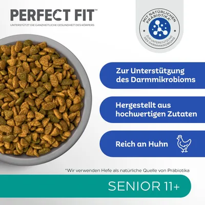 Perfect Fit Senior 11+ cibo secco. Supporta il microbioma intestinale, realizzato con ingredienti di alta qualità, ricco di pollo. Con prebiotici naturali da lievito.