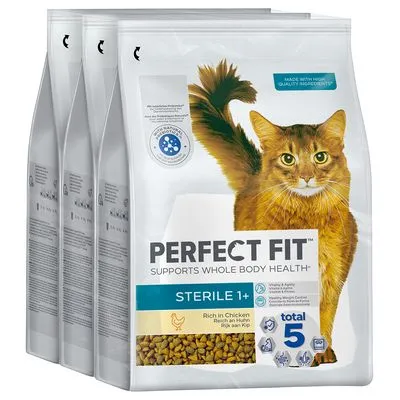Perfect Fit Sterile 1+ kattenvoer, rijk aan kip. Verpakking toont bruine kat en tekst: supports whole body health, total 5, made with high quality ingredients.