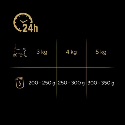 Οδηγίες διατροφής γάτας ανά βάρος: 3 κιλά 200–250 γρ, 4 κιλά 250–300 γρ, 5 κιλά 300–350 γρ ημερησίως. Εικονίδιο 24h.