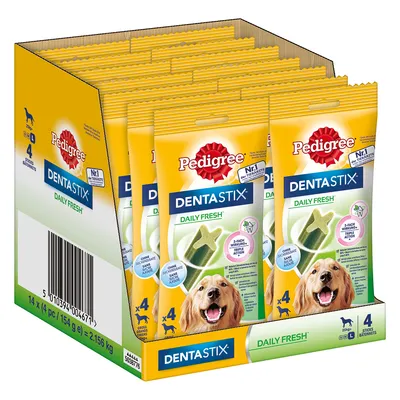 Pachet Pedigree DentaStix Daily Fresh pentru câini, 14 x 4 bucăți, 154 g fiecare. Ambalaj galben cu imagine câine și text vizibil: 'Nr.1 det TIERÄRZTE', '3-FACH WIRKUNG'.