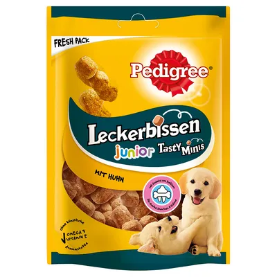 Pedigree Leckerbissen Junior Tasty Minis s piščancem. Brez umetnih arom, z omega-3 in vitaminom E. Podpira zdrave kosti in zobe mladičev.