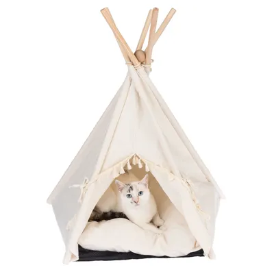 Beiges Tipi-Zelt mit Holzstangen und weichem Kissen, Katze liegt darin. Haustierzubehör für gemütliche Rückzugsorte.