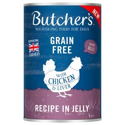 Butcher's dog food, grain-free, with chicken and liver in jelly. Supports farmers. Recipe in jelly. New product.