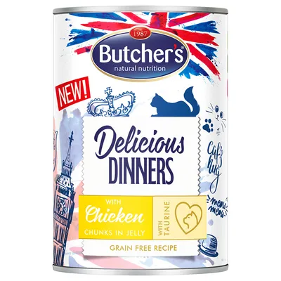 Butcher's Delicious Dinners, с курицей в желе, беззерновой рецепт, содержит таурин. Упаковка с британским дизайном и изображением кошки.