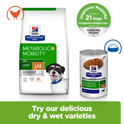 Hill's Prescription Diet Metabolic + Mobility Mini weight j/d dry and wet food. Improves mobility in 21 days, supports weight loss. Veterinarian recommended. Hill's Prescription Diet Metabolic + Mobility Mini weight j/d dry and wet food. Improves mobility in 21 days, supports weight loss. Veterinarian recommended.