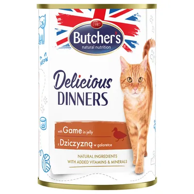 Butcher's Delicious Dinners z dziczyzną w galarecie, naturalne składniki z dodatkiem witamin i minerałów. Przedstawienie pomarańczowego kota.
