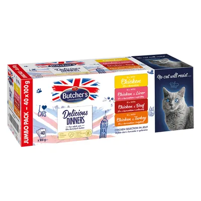 Butcher's Delicious Dinners per gatti adulti, Jumbo Pack 40x100g. Gusti: pollo, pollo e fegato, pollo e manzo, pollo e tacchino. Senza cereali, con taurina.