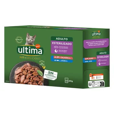 ultíma Fit & Delicious Adulte Stérilisé, 12x85g, 6 sachets saumon, 6 sachets thon, contrôle du poids, facile à digérer, sans colorants ni conservateurs ajoutés, en sauce.