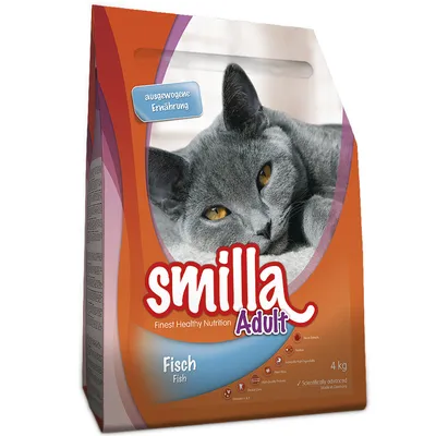 Sac de croquettes pour chat Smilla Adult, goût poisson, 4 kg. Texte visible : 'ausgewogene Ernährung', 'Finest Healthy Nutrition', 'Fish', pictogrammes et informations en anglais.
