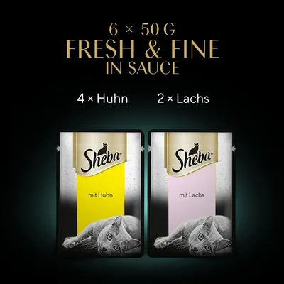 Sheba Fresh & Fine in Sauce, 6 x 50 g: 4 x Huhn, 2 x Lachs. Verpackung mit Katzenmotiv.