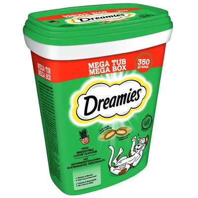 Dreamies Mega Tub, 350 grams, with irresistible catnip flavour. Crunchy outside, soft inside. Contains vitamins and minerals. Only 2 kcal per treat.