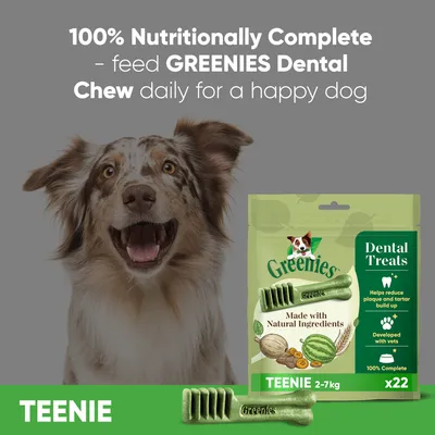 Greenies Dental Treats, made with natural ingredients, help reduce plaque and tartar build-up, developed with vets, 100% complete, pack of 22, Teenie 2-7kg.