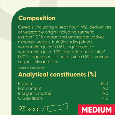 Composition: cereals, vegetable derivatives, meat and animal derivatives, minerals, yeasts, fruit, sugars, oils, fats. Analytical constituents: protein 34%, fat 6%, fibre 4%. 93 kcal. Medium.