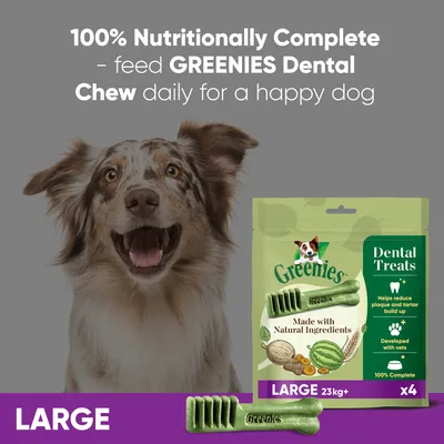Greenies Dental Treats, large size for 23kg and above, made with natural ingredients. Helps reduce plaque and tartar, developed with vets, 100% nutritionally complete. Pack of 4.