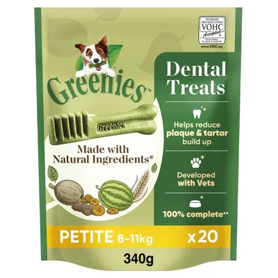 Greenies dental treats, made with natural ingredients, helps reduce plaque and tartar, developed with vets, 100% complete, petite size 8-11kg, pack of 20, 340g.