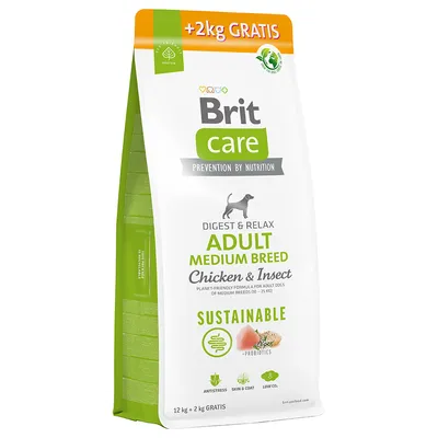 Brit Care Adult Medium Breed Digest & Relax, Chicken & Insect, sustainable recipe with probiotics. 12 kg + 2 kg free. For medium-sized dogs (10-25 kg).