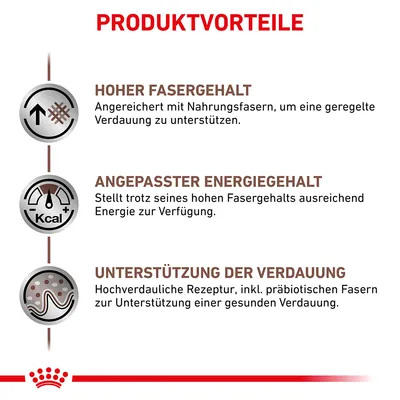 Produktvorteile: Hoher Fasergehalt für geregelte Verdauung, angepasster Energiegehalt trotz hoher Fasern, hochverdauliche Rezeptur mit präbiotischen Fasern für gesunde Verdauung.