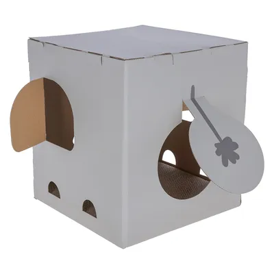 Cardboard house with multiple entrances and play opening, made of white cardboard with grey design. Suitable as a play or hiding place.