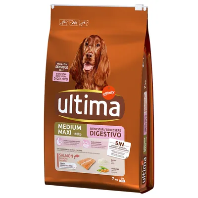 Ultima Medium Maxi +10kg, Bunăstare digestivă, cu somon, orez și legume. Fără coloranți sau conservanți artificiali. Pachet 7kg.