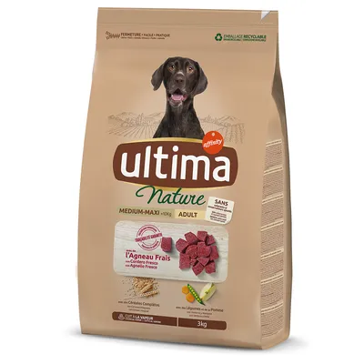 Ultima Nature Medium-Maxi Adult krmivo pro psy s čerstvým jehněčím, bez umělých barviv a konzervantů, balení 3 kg. Obal recyklovatelný.