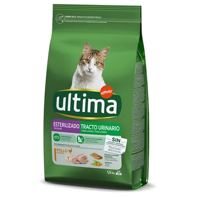 Ultima Sterilizado Tracto Urinario cibo per gatti, 1,5 kg. Con pollo, cereali integrali e verdure. Senza zuccheri aggiunti o coloranti artificiali.