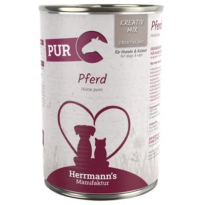 Blik Herrmann's Manufaktur PUR Kreativ Mix, Pferd. Voor honden en katten. Tekst op blik: Horse pure, Ergänzungsfuttermittel, Herrmann's Manufaktur.
