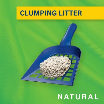 Clumping litter shown on a scoop with the words 'clumping litter' and 'natural' visible, indicating natural clumping litter product.